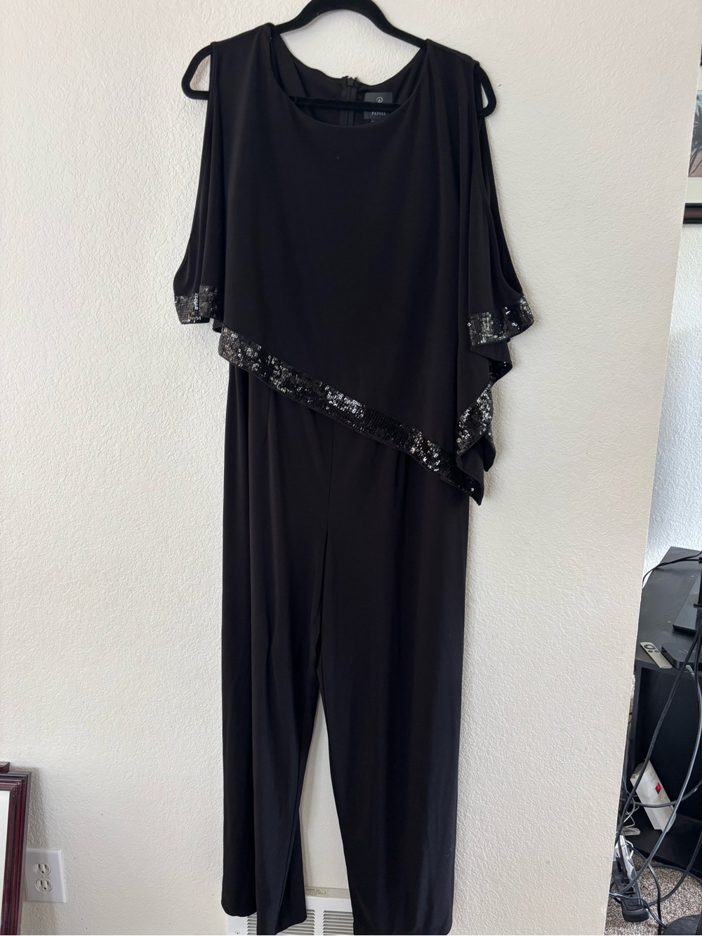 Adrianna Papell Black Sequin-Trim Cold-Shoulder Jumpsuit